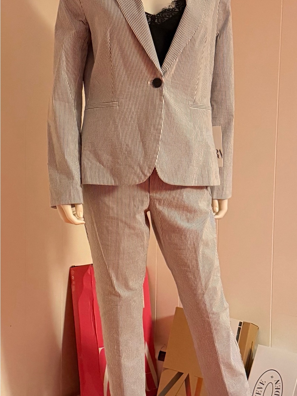 Zara Women's Pinstripe Blazer and Trousers in Light Gray